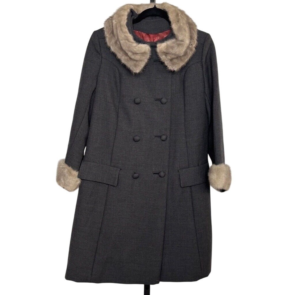 Vtg Joseph R. Harris Wool‎ Coat Gray Sz S Genuine Fur Collar ILGWU Made Luxury